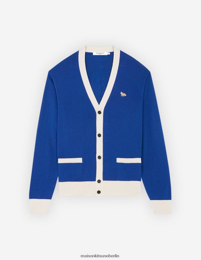 Kleidung V2DHL441 tiefes Blau Frauen Zweifarbiger klassischer Cardigan mit Baby-Fuchs-Patch Maison Kitsune