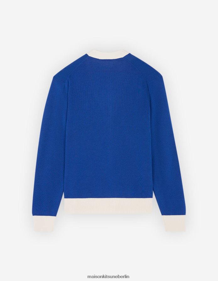 Kleidung V2DHL441 tiefes Blau Frauen Zweifarbiger klassischer Cardigan mit Baby-Fuchs-Patch Maison Kitsune