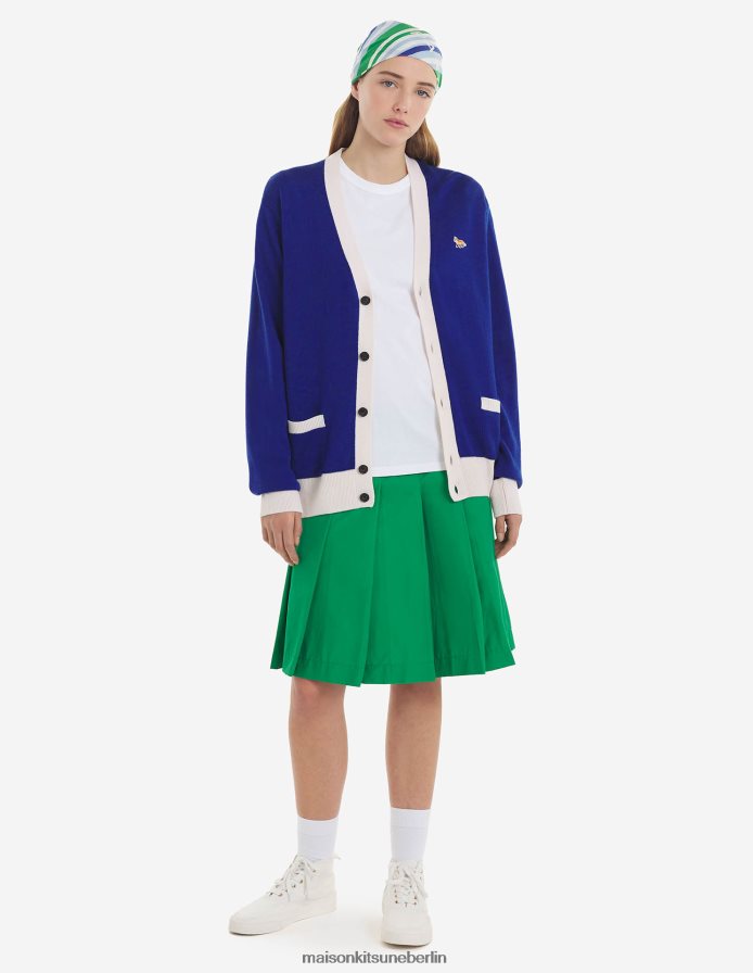 Kleidung V2DHL441 tiefes Blau Frauen Zweifarbiger klassischer Cardigan mit Baby-Fuchs-Patch Maison Kitsune