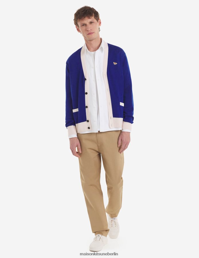 Kleidung V2DHL441 tiefes Blau Frauen Zweifarbiger klassischer Cardigan mit Baby-Fuchs-Patch Maison Kitsune