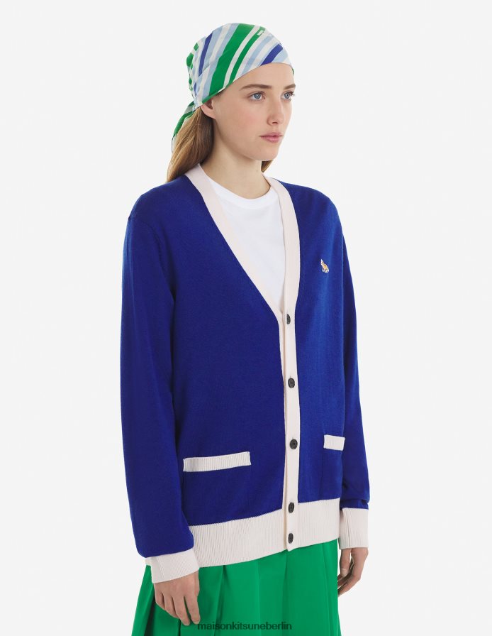 Kleidung V2DHL441 tiefes Blau Frauen Zweifarbiger klassischer Cardigan mit Baby-Fuchs-Patch Maison Kitsune