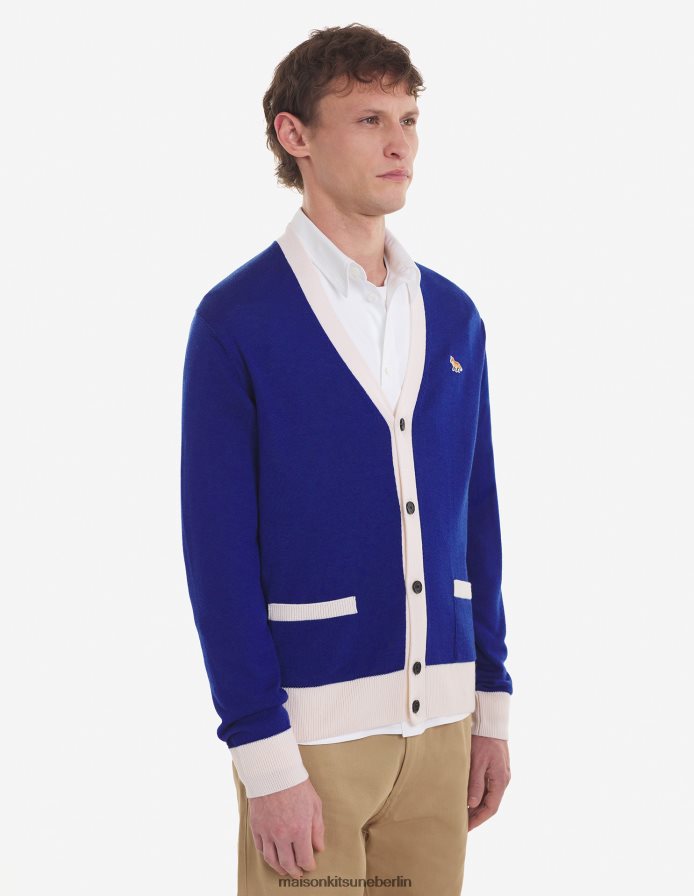 Kleidung V2DHL441 tiefes Blau Frauen Zweifarbiger klassischer Cardigan mit Baby-Fuchs-Patch Maison Kitsune