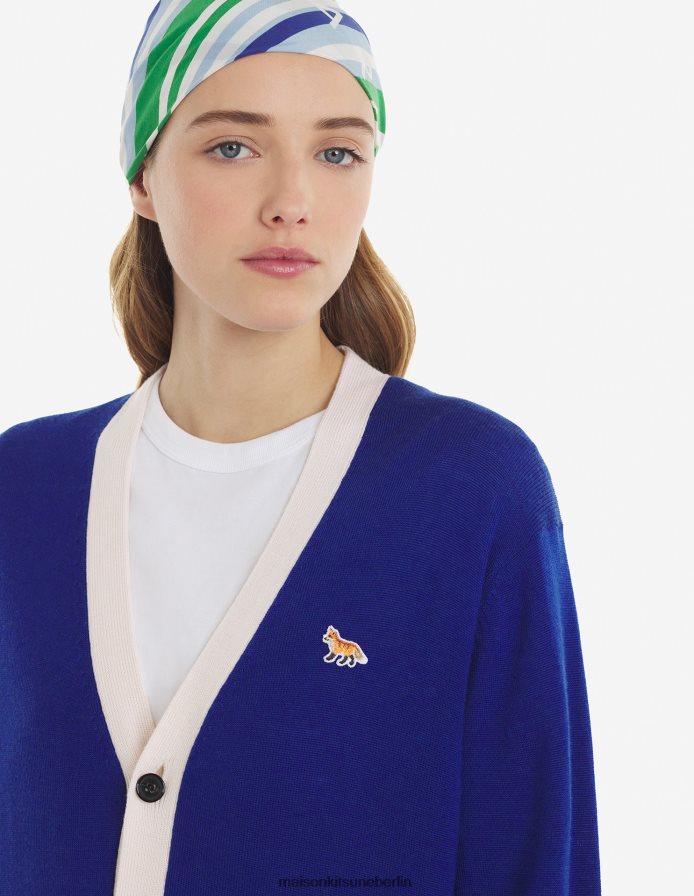 Kleidung V2DHL441 tiefes Blau Frauen Zweifarbiger klassischer Cardigan mit Baby-Fuchs-Patch Maison Kitsune