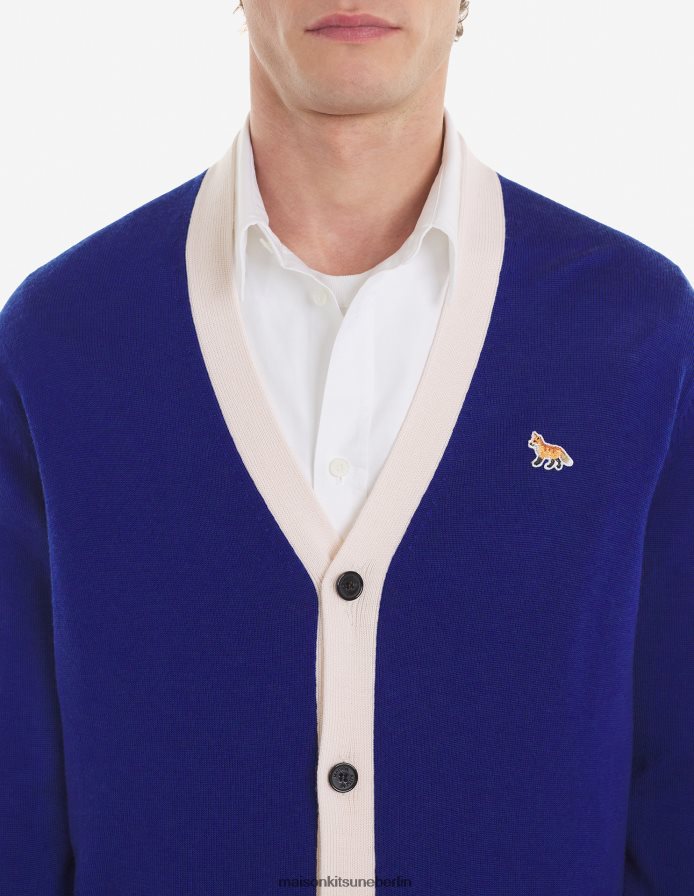 Kleidung V2DHL441 tiefes Blau Frauen Zweifarbiger klassischer Cardigan mit Baby-Fuchs-Patch Maison Kitsune