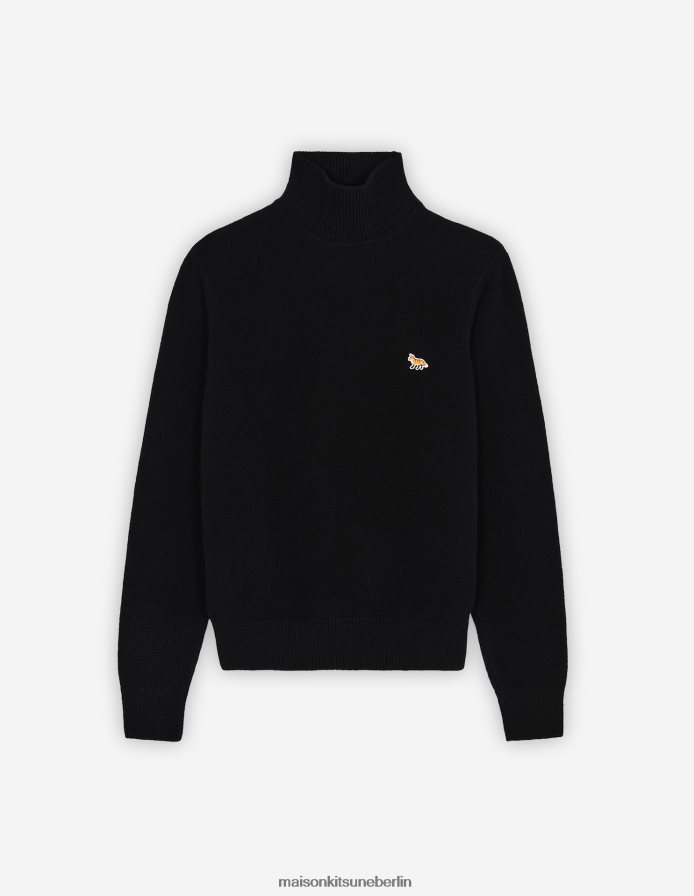 Kleidung V2DHL442 Schwarz Frauen Kastiger Rollkragenpullover mit Baby-Fuchs-Patch Maison Kitsune