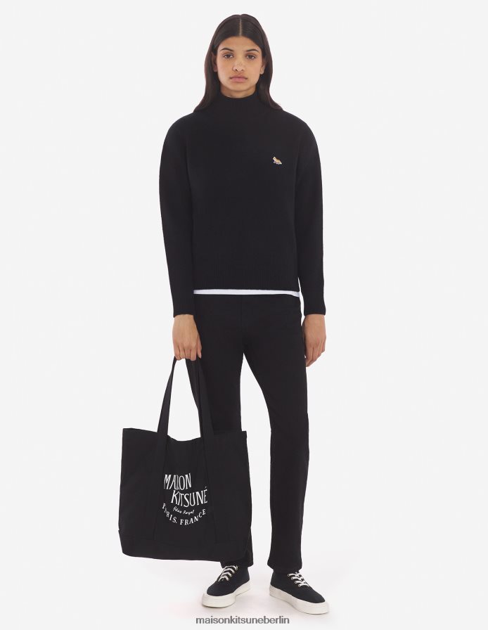 Kleidung V2DHL442 Schwarz Frauen Kastiger Rollkragenpullover mit Baby-Fuchs-Patch Maison Kitsune