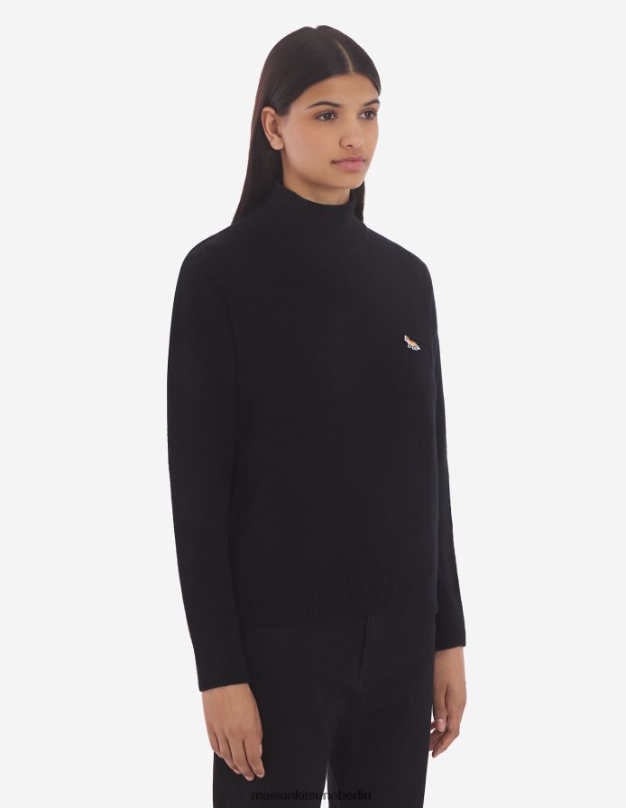 Kleidung V2DHL442 Schwarz Frauen Kastiger Rollkragenpullover mit Baby-Fuchs-Patch Maison Kitsune
