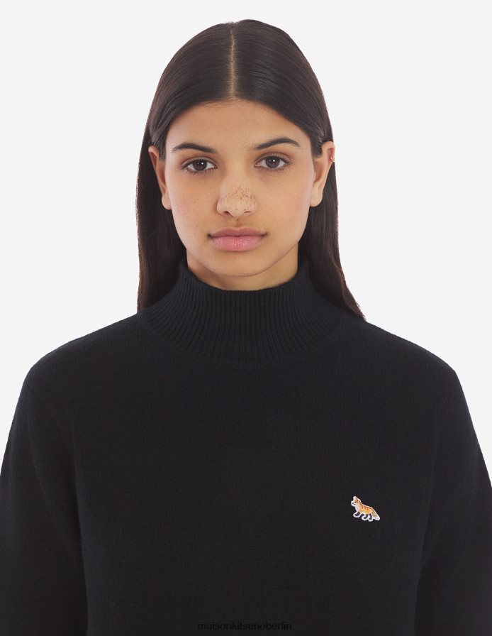 Kleidung V2DHL442 Schwarz Frauen Kastiger Rollkragenpullover mit Baby-Fuchs-Patch Maison Kitsune