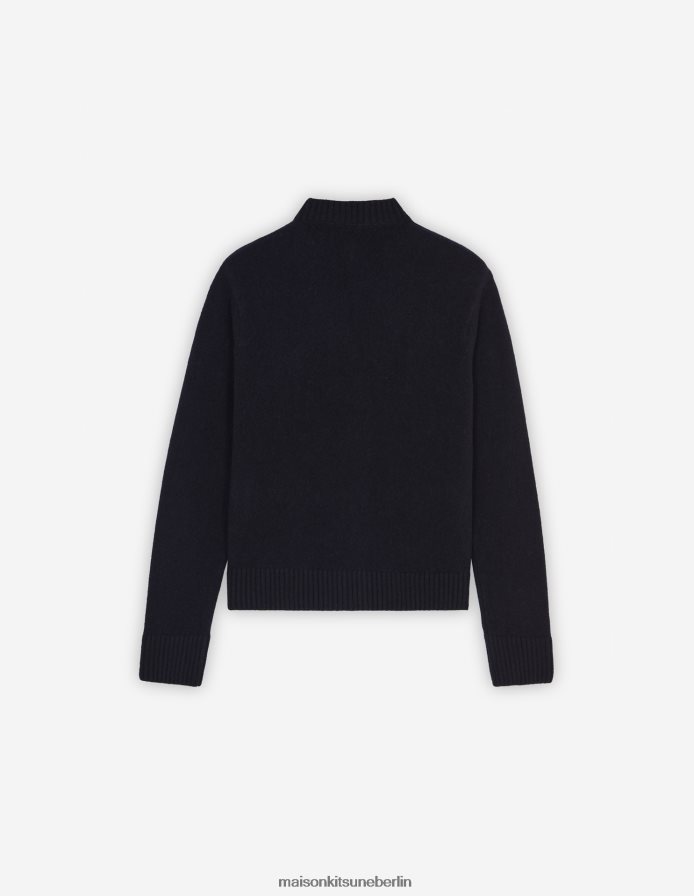 Kleidung V2DHL443 Marine Frauen Kastenförmiger Cardigan mit Baby-Fuchs-Patch Maison Kitsune