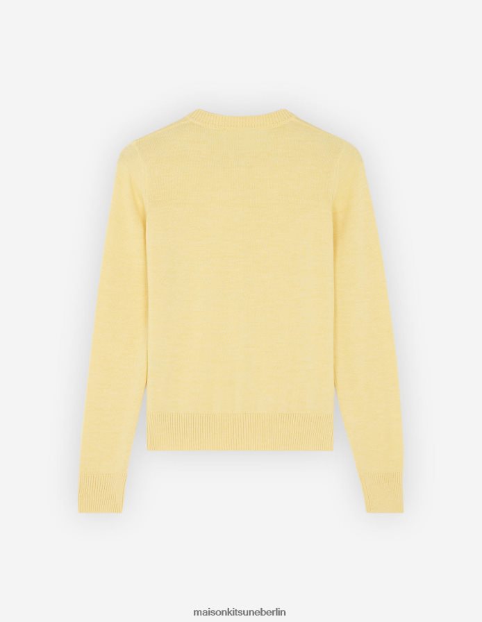 Kleidung V2DHL444 sanftes Gelb Frauen Strickjacke mit Fuchskopf-Patch und angepasstem R-Ausschnitt Maison Kitsune