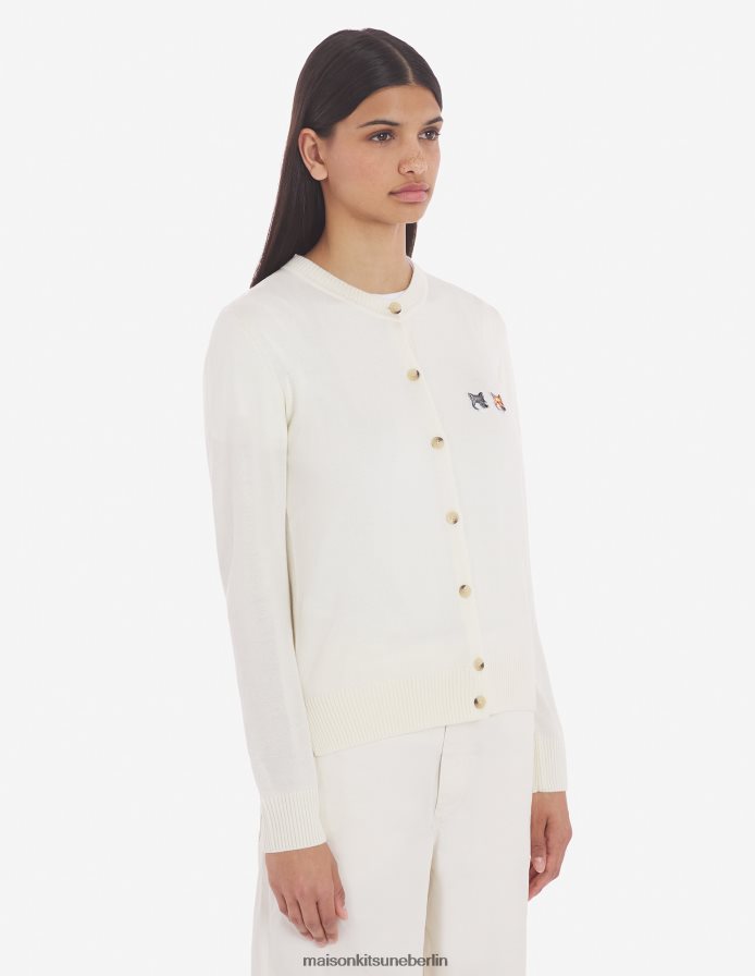 Kleidung V2DHL445 naturfarben Frauen Strickjacke mit doppeltem Fuchskopf-Patch und R-Ausschnitt Maison Kitsune