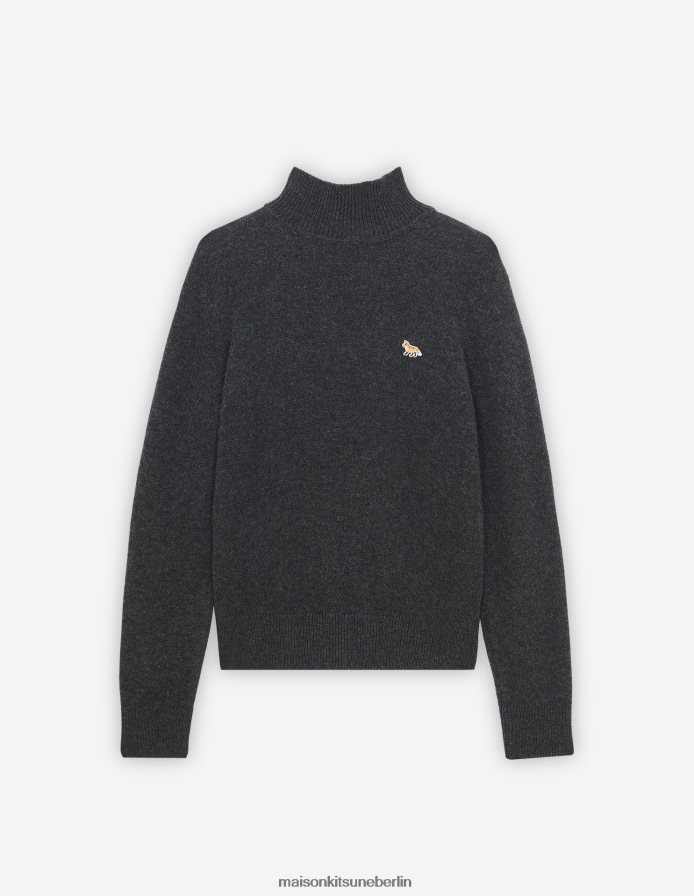 Kleidung V2DHL446 dunkelgrau meliert Frauen Kastiger Rollkragenpullover mit Baby-Fuchs-Patch Maison Kitsune