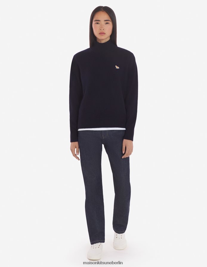 Kleidung V2DHL447 Marine Frauen Kastiger Rollkragenpullover mit Baby-Fuchs-Patch Maison Kitsune