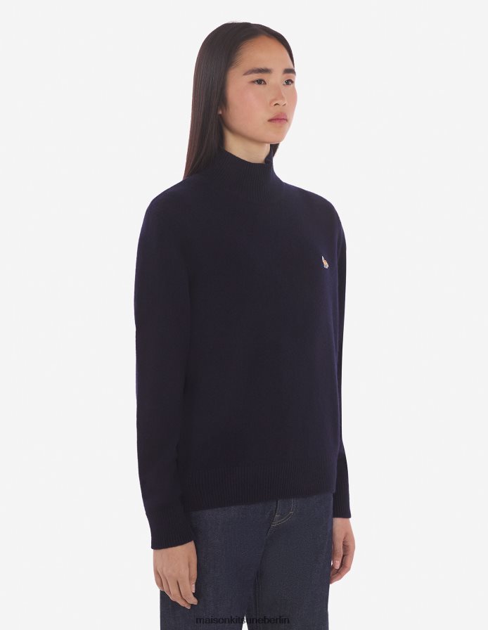 Kleidung V2DHL447 Marine Frauen Kastiger Rollkragenpullover mit Baby-Fuchs-Patch Maison Kitsune