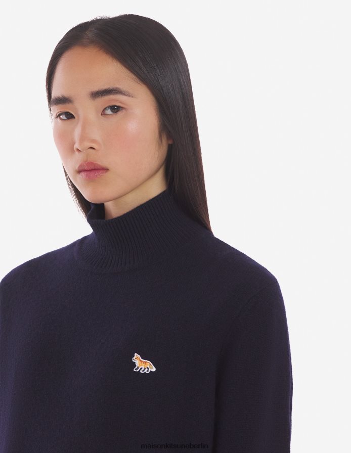 Kleidung V2DHL447 Marine Frauen Kastiger Rollkragenpullover mit Baby-Fuchs-Patch Maison Kitsune