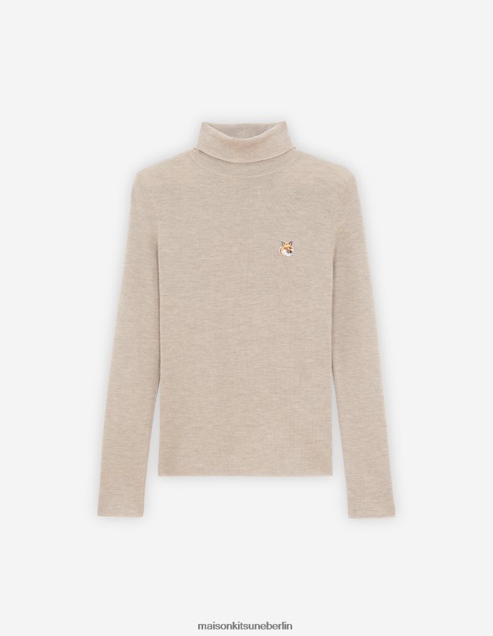 Kleidung V2DHL448 Beige-Melange Frauen Rollkragenpullover mit Fuchskopf-Patch Maison Kitsune