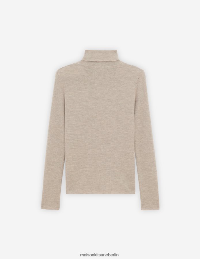 Kleidung V2DHL448 Beige-Melange Frauen Rollkragenpullover mit Fuchskopf-Patch Maison Kitsune