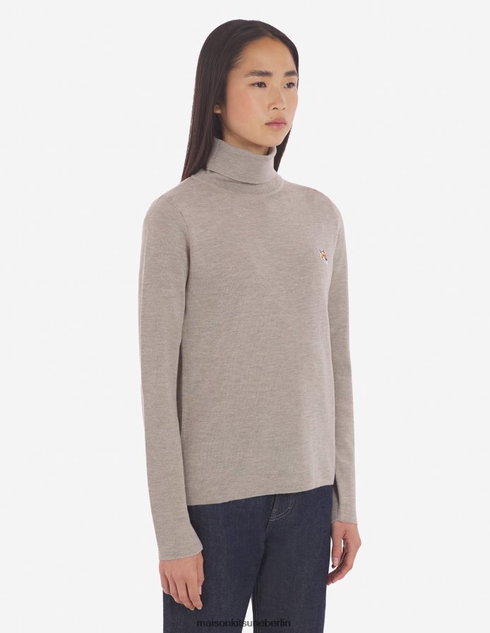 Kleidung V2DHL448 Beige-Melange Frauen Rollkragenpullover mit Fuchskopf-Patch Maison Kitsune