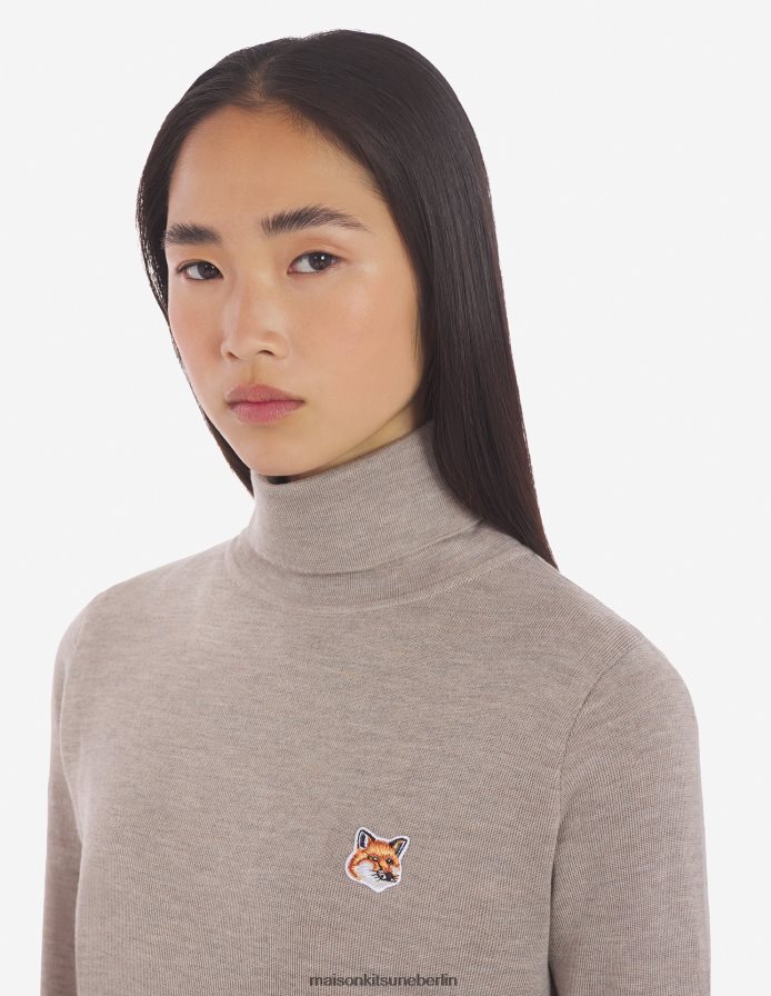 Kleidung V2DHL448 Beige-Melange Frauen Rollkragenpullover mit Fuchskopf-Patch Maison Kitsune