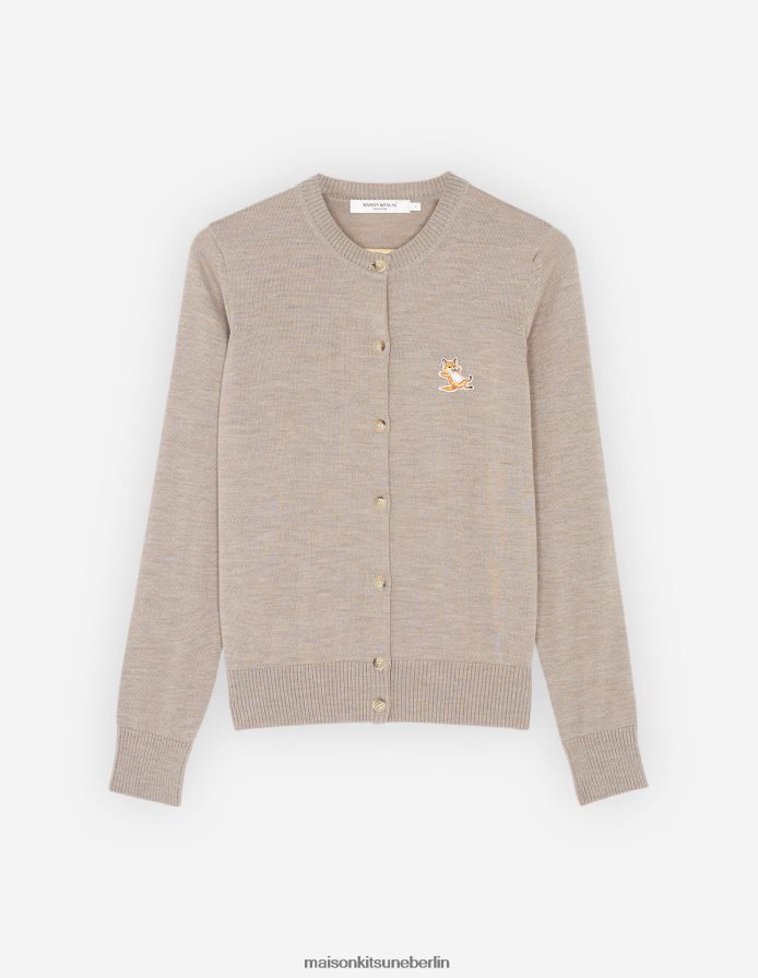 Kleidung V2DHL450 Beige-Melange Frauen Chillax Fox Patch angepasster R-Ausschnitt-Cardigan Maison Kitsune