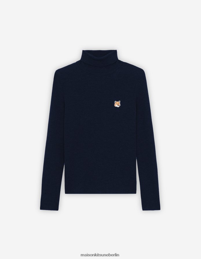 Kleidung V2DHL456 Marine Frauen Rollkragenpullover mit Fuchskopf-Patch Maison Kitsune