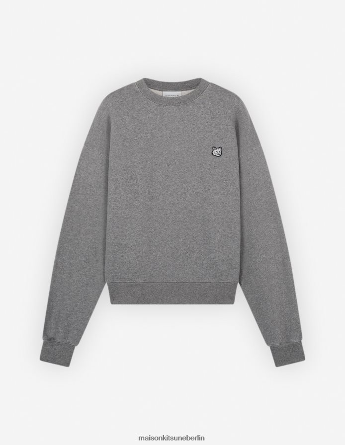 Kleidung V2DHL406 mittelgraue Melange Frauen Komfort-Sweatshirt mit auffälligem Fuchskopf-Patch Maison Kitsune