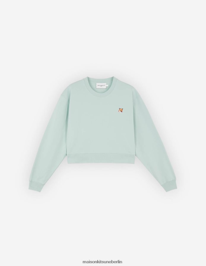 Kleidung V2DHL407 blauer Dunst Frauen Kurzes Sweatshirt mit Fuchskopf-Patch Maison Kitsune