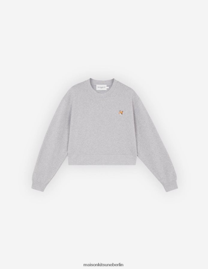 Kleidung V2DHL408 hellgrau meliert Frauen Kurzes Sweatshirt mit Fuchskopf-Patch Maison Kitsune