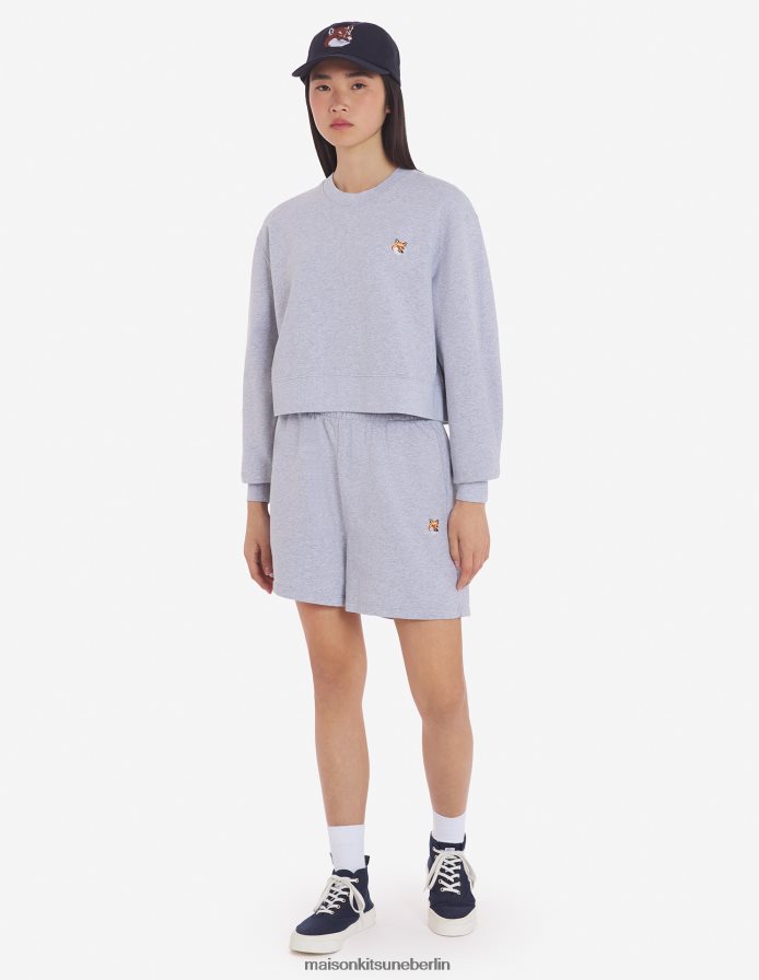 Kleidung V2DHL408 hellgrau meliert Frauen Kurzes Sweatshirt mit Fuchskopf-Patch Maison Kitsune