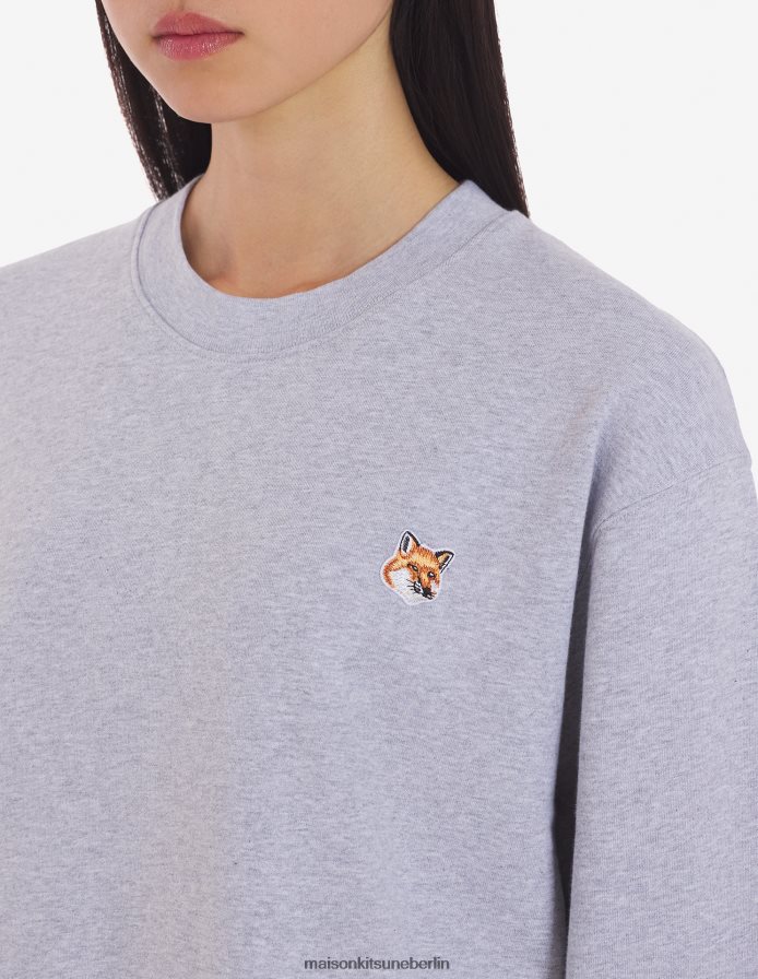 Kleidung V2DHL408 hellgrau meliert Frauen Kurzes Sweatshirt mit Fuchskopf-Patch Maison Kitsune