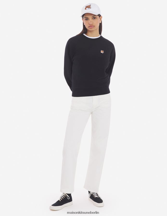 Kleidung V2DHL410 Schwarz Frauen Angepasstes Sweatshirt mit Fuchskopf-Patch Maison Kitsune