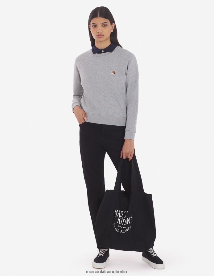 Kleidung V2DHL417 graue Melange Frauen Angepasstes Sweatshirt mit Fuchskopf-Patch Maison Kitsune