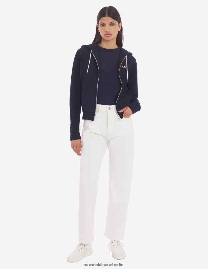 Kleidung V2DHL418 Marine Frauen Kapuzenpullover mit dreifarbigem Fuchs-Patch und Reißverschluss Maison Kitsune