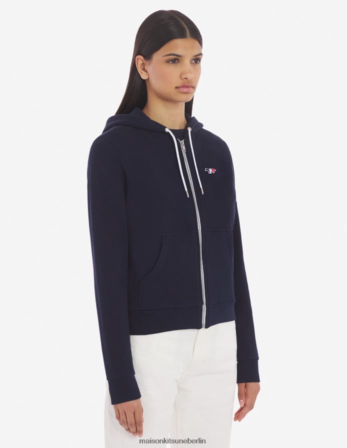 Kleidung V2DHL418 Marine Frauen Kapuzenpullover mit dreifarbigem Fuchs-Patch und Reißverschluss Maison Kitsune