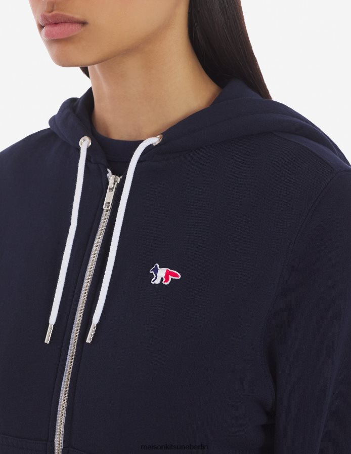 Kleidung V2DHL418 Marine Frauen Kapuzenpullover mit dreifarbigem Fuchs-Patch und Reißverschluss Maison Kitsune