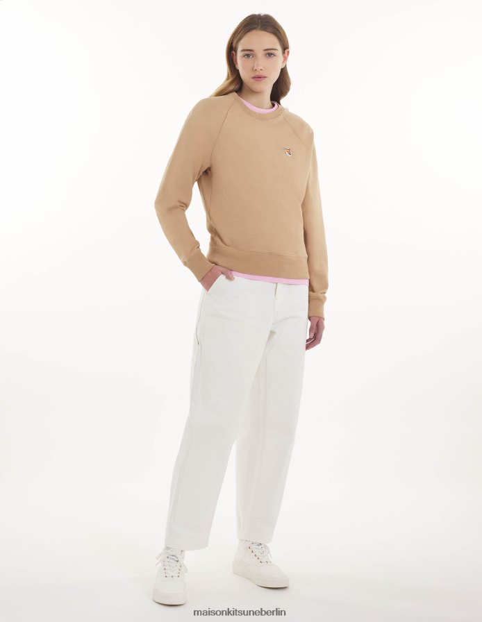 Kleidung V2DHL419 Beige Frauen Angepasstes Sweatshirt mit Fuchskopf-Patch Maison Kitsune