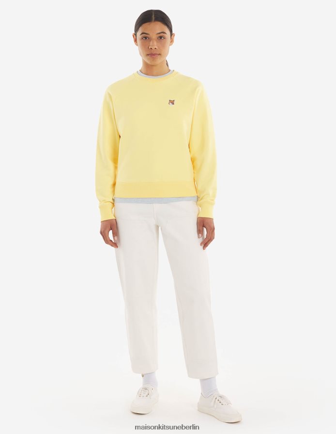 Kleidung V2DHL420 sanftes Gelb Frauen Angepasstes Sweatshirt mit Fuchskopf-Patch Maison Kitsune