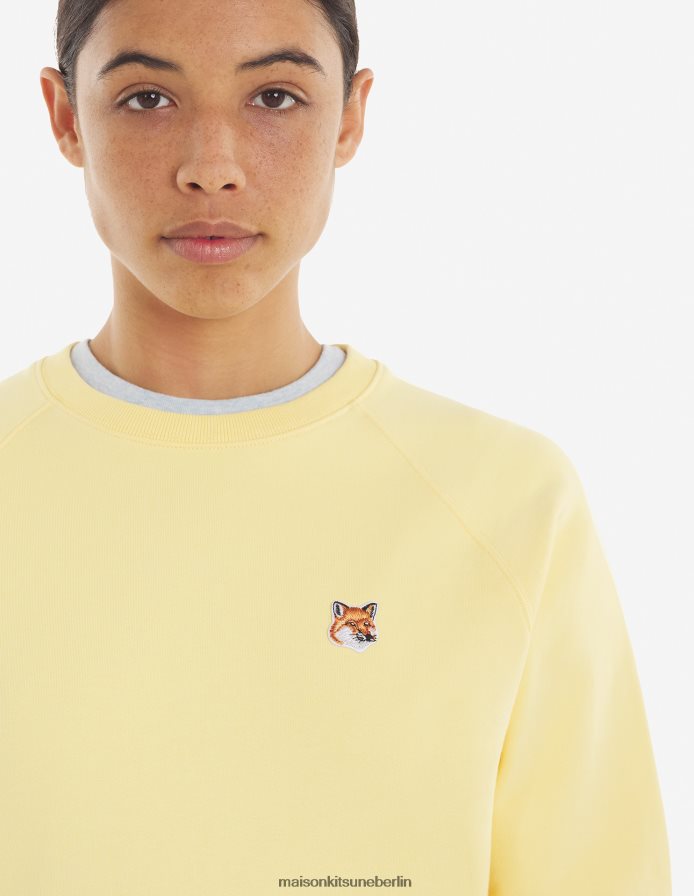 Kleidung V2DHL420 sanftes Gelb Frauen Angepasstes Sweatshirt mit Fuchskopf-Patch Maison Kitsune