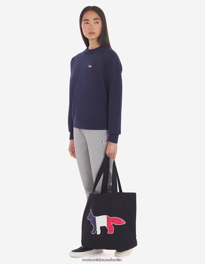 Kleidung V2DHL421 Marine Frauen Angepasstes Sweatshirt mit dreifarbigem Fuchs-Patch Maison Kitsune