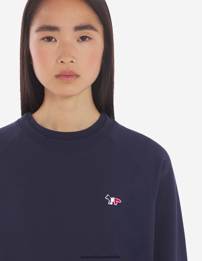 Kleidung V2DHL421 Marine Frauen Angepasstes Sweatshirt mit dreifarbigem Fuchs-Patch Maison Kitsune
