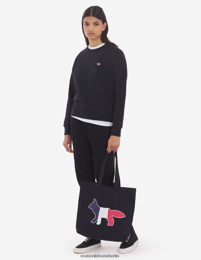 Kleidung V2DHL422 Schwarz Frauen Angepasstes Sweatshirt mit dreifarbigem Fuchs-Patch Maison Kitsune