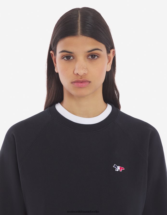 Kleidung V2DHL422 Schwarz Frauen Angepasstes Sweatshirt mit dreifarbigem Fuchs-Patch Maison Kitsune