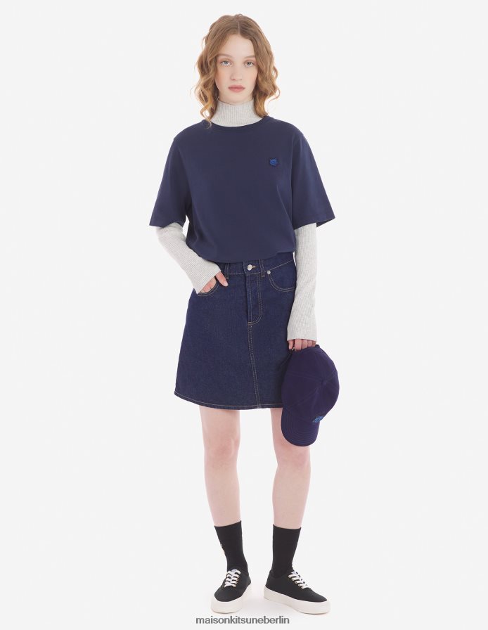 Kleidung V2DHL349 tintenblau Frauen Komfort-T-Shirt mit auffälligem Fuchskopf-Patch Maison Kitsune