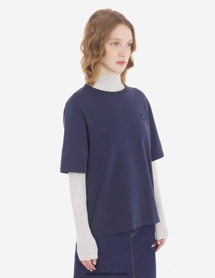 Kleidung V2DHL349 tintenblau Frauen Komfort-T-Shirt mit auffälligem Fuchskopf-Patch Maison Kitsune