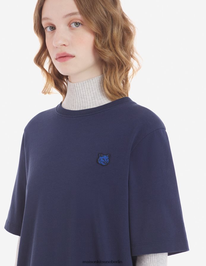 Kleidung V2DHL349 tintenblau Frauen Komfort-T-Shirt mit auffälligem Fuchskopf-Patch Maison Kitsune