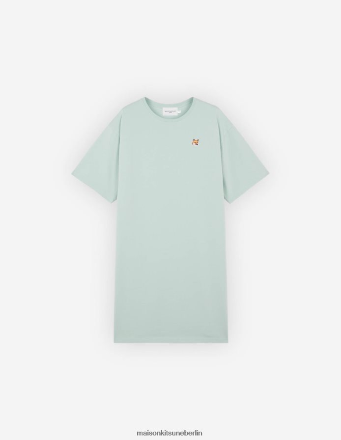 Kleidung V2DHL351 blauer Dunst Frauen Lässiges T-Shirt-Kleid mit Fuchskopf-Patch Maison Kitsune
