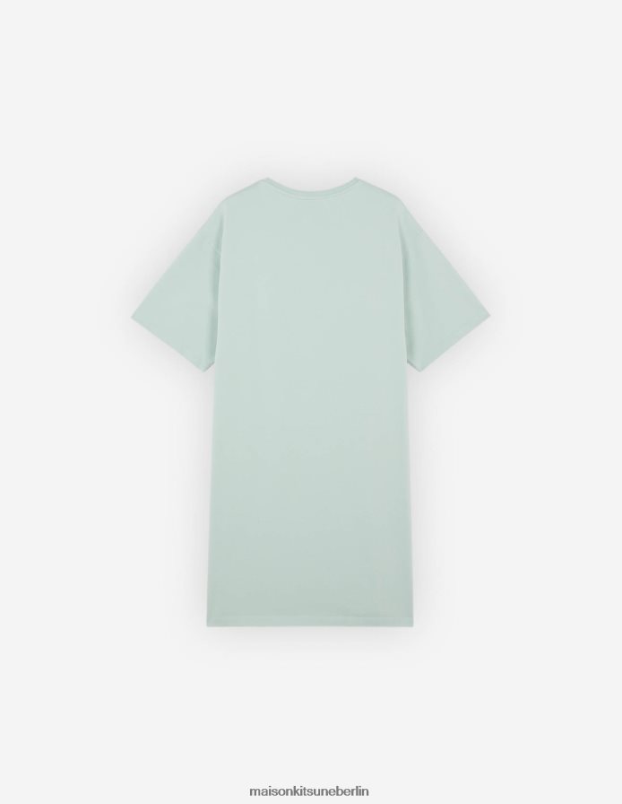Kleidung V2DHL351 blauer Dunst Frauen Lässiges T-Shirt-Kleid mit Fuchskopf-Patch Maison Kitsune