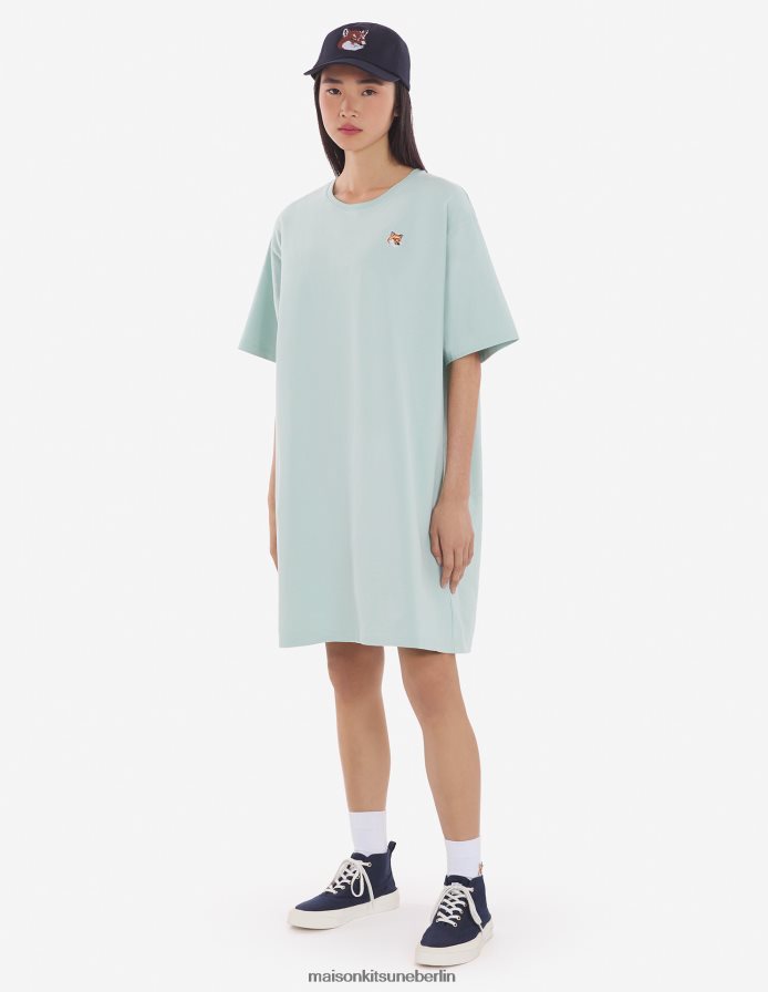 Kleidung V2DHL351 blauer Dunst Frauen Lässiges T-Shirt-Kleid mit Fuchskopf-Patch Maison Kitsune