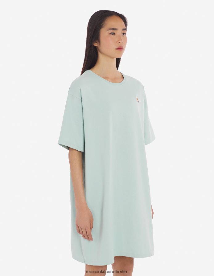 Kleidung V2DHL351 blauer Dunst Frauen Lässiges T-Shirt-Kleid mit Fuchskopf-Patch Maison Kitsune