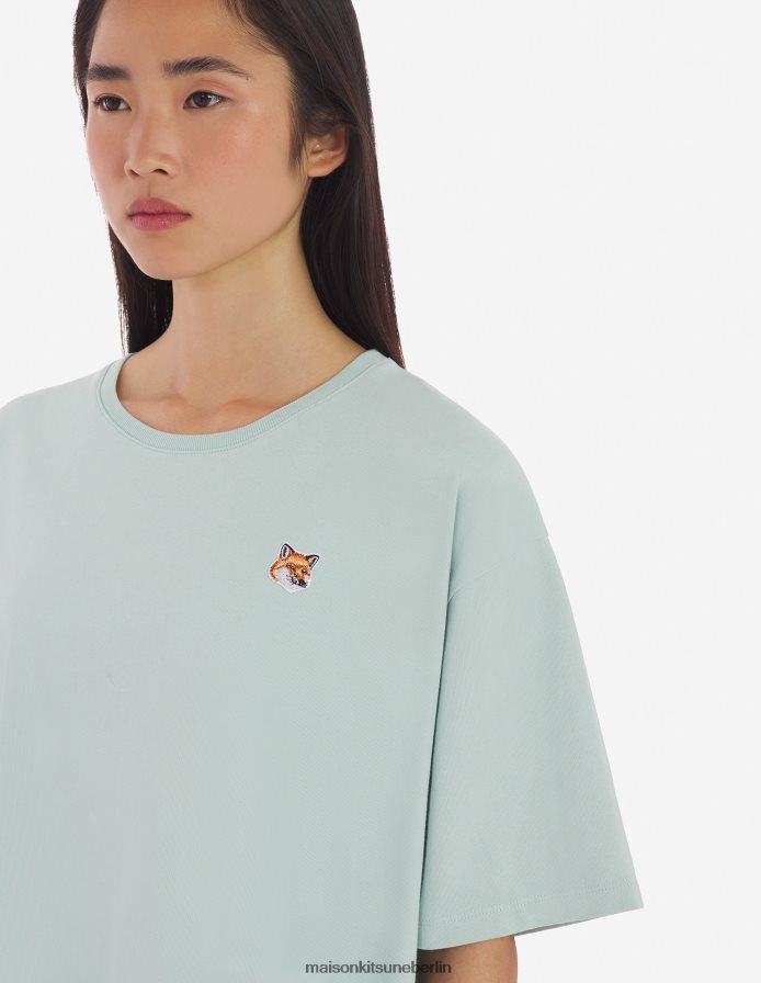 Kleidung V2DHL351 blauer Dunst Frauen Lässiges T-Shirt-Kleid mit Fuchskopf-Patch Maison Kitsune